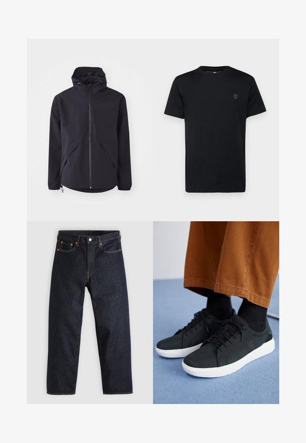 Čierna ľahká bunda s kapucňou, predným zipsom a dvoma bočnými vreckami. Má elastické manžety a nastaviteľný spodný lem pre pohodlné nosenie.; Čierne bavlnené tričko s okrúhlym výstrihom, krátkymi rukávmi a malým vyšívaným logom na hrudi. Hladká textúra, klasický strih.; Tmavomodré džínsy s rovnými nohavicami, piatimi vreckami, kontrastným oranžovým prešívaním a gombíkovým zapínaním. Žiadne viditeľné vzory alebo ozdoby.; Čierne zamatové tenisky s bielymi gumovými podrážkami, so šnurovacím dizajnom, textúrovanými akcentami a decentným brandingom, skombinované s hnedými nohavicami.