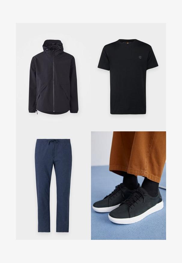 Černá lehká bunda s kapucí, předním zipem a dvěma bočními kapsami. Obsahuje elastické manžety a nastavitelný spodní lem pro těsné padnutí.; Černé bavlněné tričko s kulatým výstřihem, krátkými rukávy a malým vyšitým logem na hrudi. Hladká textura, klasický střih.; Námořnické modré kalhoty vyrobené z lehkého materiálu, s elastickým pasem na šňůrku a rovnými nohavicemi.; Černé semišové tenisky s bílými gumovými podešvemi, s šněrovacím designem, texturovanými detaily a jemným logem, spárované s hnědými kalhotami.