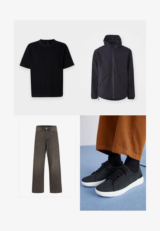 Melnā vieglā jaka ar kapuci, priekšējo rāvējslēdzēju un divām sānu kabatām. Iezīmējas ar elastīgām piedurknēm un regulējamu apakšmali, lai nodrošinātu ciešu piegulšanu.; Melna kokvilnas T-kreklu ar apaļu kakla izgriezumu, īsām piedurknēm un taisnu griezumu. Iezīmē minimālu šuvju skaitu un mīkstu, gludu tekstūru.; Platas kājas džinsi tumši pelēkā denima, ar augstu jostasvietu, klasisku piecu kabatu dizainu un kontrastējošām šuvēm.; Melnas zamšādas kedas ar baltām gumijas zolēm, ar saistāmām auklām, tekstūrētām detaļām un diskrētu zīmolu, apvienotas ar brūniem biksēm.