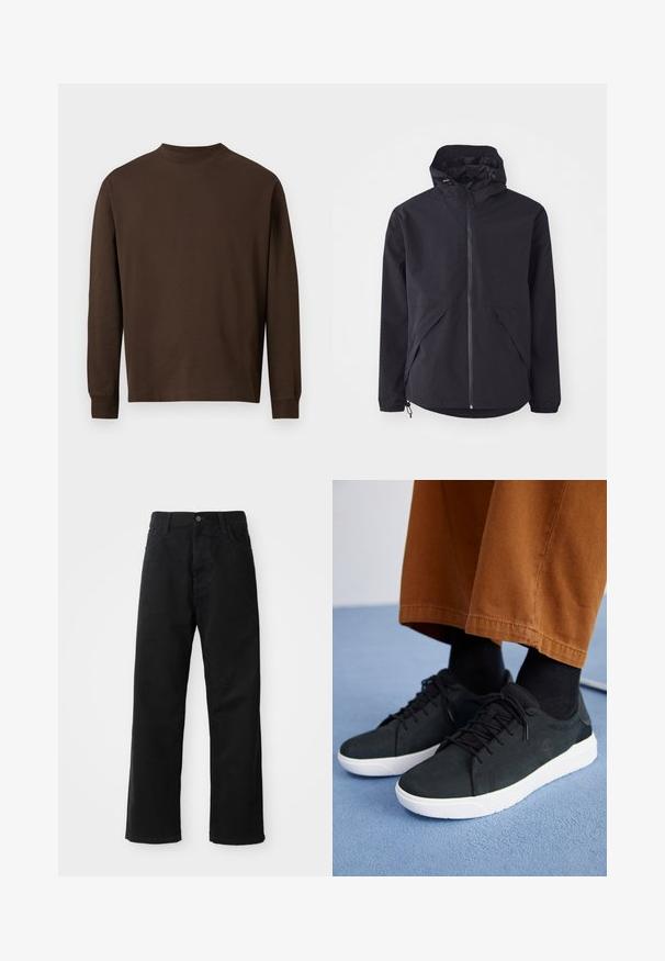 Juodas lengvas striukė su kapišonu, priekiniais užtrauktukais ir dviem šoninėmis kišenėmis. Yra elastiniai rankogaliai ir reguliuojamas apačia, užtikrinantys patogų prigludimą.; Ruda ilgomis rankovėmis marškiniai, pagaminti iš švelnios medžiagos, su apvaliu kaklu ir tiesiu kirpimu, be matomų raštų ar detalių.; Juodo džinsinio audinio keliaraiščiai su tiesia iškarpa, turintys priekinės kišenes, užtrauktuką ir vieną viršutinį mygtuką. Audinys tekstūruotas, su matinio paviršiaus apdaila.; Juodi zomšiniai sneakeriai su baltais guminiais padais, su raištelių uždėjimo dizainu, tekstūruotais akcentais ir subtiliu prekių ženklu, derinami su rudomis kelnėmis.