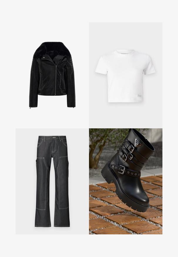 Black leather jacket with a faux fur collar, zip closure, ribbed detailing on sleeves, and side pockets. Smooth and textured finishes.; White cropped t-shirt made of smooth cotton, featuring a high neckline and short sleeves. Small embroidered logo in the bottom corner.; Dark denim cargo pants with white contrast stitching, featuring multiple pockets and a flared leg design. Durable fabric and metal button closure.; Black leather ankle boot with three adjustable buckle straps, textured accents, round toe, chunky rubber sole, and metallic logo detail.