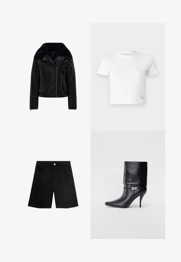 Crna kožna jakna s umetnom kragnom od krzna, zatvaranje na zip, rebrasti detalji na rukavima i bočne džepove. Glatke i teksturirane površine.; Bijela skraćena majica izrađena od glatkog pamuka, s visokim izrezom i kratkim rukavima. Mali izvezeni logo u donjem kutu.; Crni traper šortsevi s ravnim krojem, pet džepova i zatvaranjem na srebrni gumb. Glatka tekstura s minimalnim detaljima šavova.; Crna kožna gležnjača s šiljastim prstom, visokim stiletto potplatom, preklopnim rubom i zlatnom dekorativnom kopčom na gležnju.