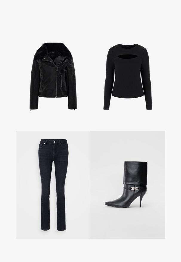 Jachetă din piele neagră cu guler din blană sintetică, închidere cu fermoar, detalii cu nervuri pe mâneci și buzunare laterale. Finisaje netede și texturate.; Top negru cu mânecă lungă, având o textură ribbită și un detaliu unic de decupaj în zona bustului, cu un guler rotund și o siluetă ajustată.; Blugi drept din denim, de culoare albastru închis, cu cinci buzunare, închidere cu nasture și detalii de cusătură minime.; Botine negre din piele, cu vârf ascuțit, toc înalt și subțire, cu manșetă pliată și un detaliu decorativ cu cataramă aurie la gleznă.