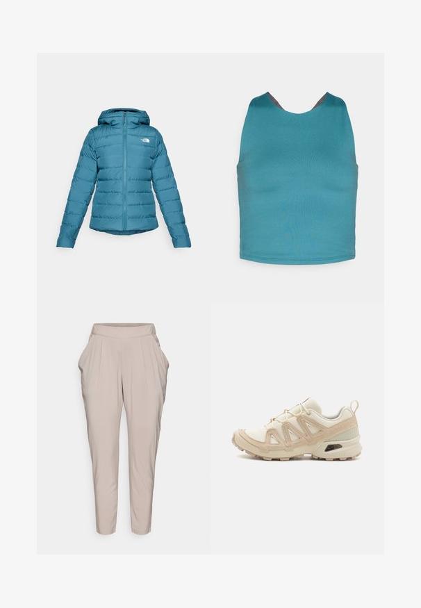 Teal puffer jacket with a zip front and hood, featuring quilted detailing and a logo on the left chest. Smooth texture and lightweight design.; Teal stretch tank top with a rounded neckline and gray accent at the back. Smooth texture, fitted design without additional patterns or hardware.; Light beige tapered trousers with high waist and side pockets, featuring subtle pleats on front legs.; Beige and cream athletic shoe with textured mesh upper, supportive overlays, and rubber outsole featuring a tread pattern for traction.