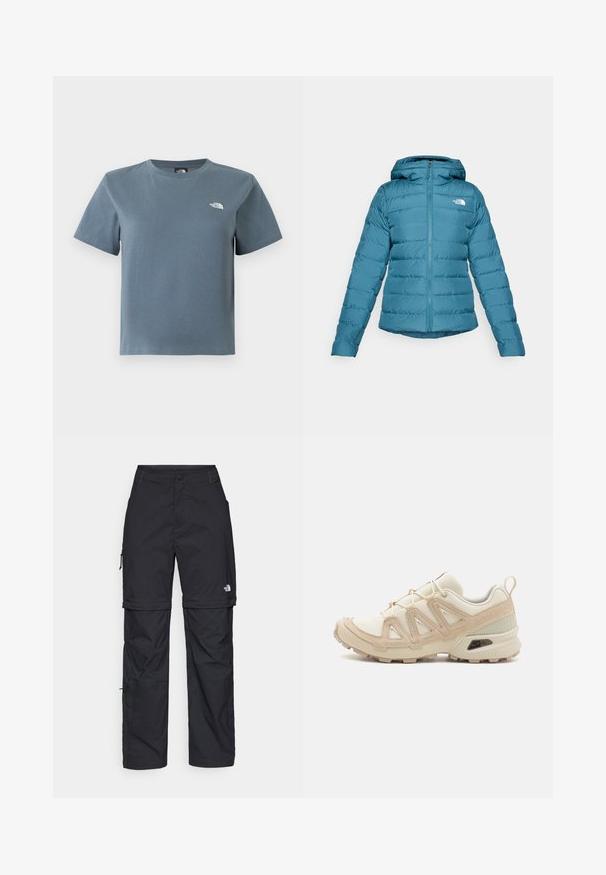 Tirkizna pufasta jakna s patentnim zatvaračem i kapuljačom, sa kviltanom detaljima i logotipom na lijevoj strani prsnog dijela. Glatka tekstura i lagani dizajn.; Siva-plava majica kratkih rukava s okruglim izrezom i malim bijelim logotipom The North Face na lijevoj strani prsa, prikazana na bijeloj pozadini.; Crne najlon hlače s munjevim zatvaranjem, odvojive cargo hlače s podesivim manžetama, brojnim džepovima i logom na desnoj nozi. Glatka, lagana tekstura.; Bež i kremasti sportski tenisice s teksturiranim mrežastim gornjim dijelom, potpornih preklopa i gumeni potplat s uzorcima za prianjanje.