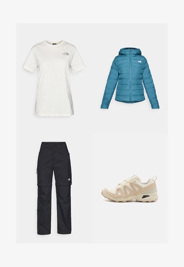 Vihreä puffer-takki, jossa on vetoketjullinen etumus ja huppu. Takissa on päällikankaan yksityiskohtia ja logo vasemmassa rinnassa. Sileä tekstuuri ja kevyt muotoilu.; Kreemi puuvillane T-särk lühikeste varrukatega, ümmarguse kaelusega ja väikese rohelise logoga vasakul rinnal. Sile tekstuur, mugav lõige.; Mustat nailonista valmistetut irrotettavat cargo-housut säädettävillä lahkeilla, useilla taskuilla ja logolla oikeassa jalassa. Liukas, kevyt rakenne.; Beige ja kreemi värvi sportlikud jalanõud, millel on tekstiilne mesh ülemine osa, toetavad ülekatted ja kummist tald, millel on mustripattern haardeks.