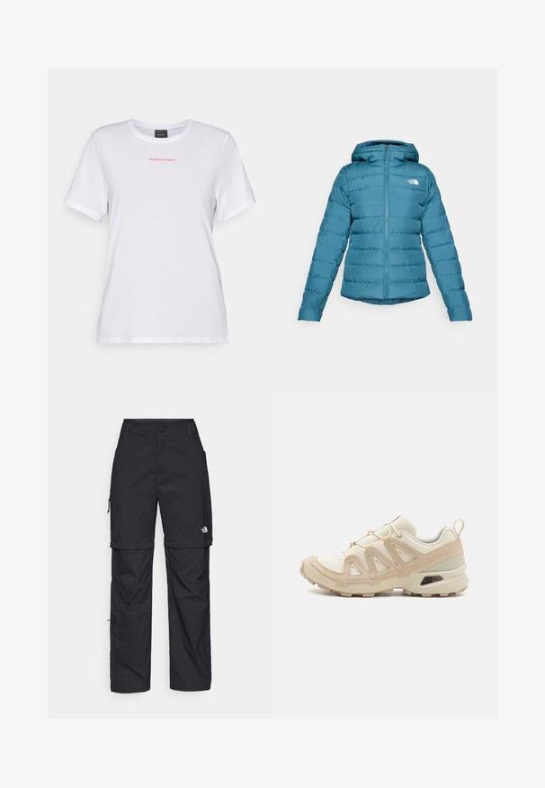 Teal pufjakke med lynlås foran og hætte, der har kviltet detaljer og et logo på venstre bryst. Glat tekstur og letvægtsdesign.; Hvid bomulds T-shirt med korte ærmer, rund halsudskæring og et lille rødt "PeakPerformance" logo på brystet. Blød tekstur, enkel design.; Sorte nylon cargo bukser med lynlås, justerbare manchetter, flere lommer og et logo på højre ben. Glat, let tekstur.; Beige og creme atletiksko med struktureret mesh-overdel, støttende overlays og gummiyderside med et mønster for trækkraft.