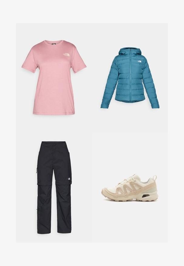 Zelena puhovka z zadrgo spredaj in kapuco, ki vsebuje prešite podrobnosti ter logo na levem prsnem delu. Gladka tekstura in lahka zasnova.; Svetlo roza majica s kratkimi rokavi iz mehkega bombaža s krožnim izrezom in majhnim belim logotipom "The North Face" na prsih.; Črne najlon hlače z zipom, ki se lahko odstranijo, s prilagodljivimi manšetami, več žepi in logotipom na desni nogi. Gladka, lahka tekstura.; Bež in krem športni čevlji z teksturiranim mrežastim zgornjim delom, podpornimi prekrivali in gumijastim podplatom z vzorcem za oprijem.