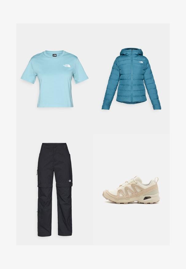 Mėlynos spalvos pūkų striukė su užtrauktuku ir gobtuvu, turinti siuvinėtus raštus ir logotipą kairėje krūtinės pusėje. Sklandi tekstūra ir lengvas dizainas.; Šviesiai mėlynas medvilninis marškinėlis trumpomis rankovėmis ir apvaliu kaklu. Nuo krūtinės puošia mažas baltas logotipas, o siluetas yra laisvas.; Juodos nailoninės krovinių kelnės su reguliuojamais rankovėmis, daugybe kišenių ir logo ant dešinės kojos. Lygi, lengva tekstūra.; Bežinės ir kreminės spalvos sportinės bateliai su tekstūruoto tinklelio viršutine dalimi, palaikančiomis detalėmis ir guminiais padais, turinčiais raštą, užtikrinantį sukibimą.