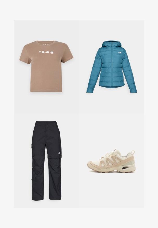 Teal puffer jacket with a zip front and hood, featuring quilted detailing and a logo on the left chest. Smooth texture and lightweight design.; Brown cotton t-shirt with a crew neckline. Features white graphic elements: a cactus, sun, wave, hand, and heart. Short sleeves.; Black nylon zip-off cargo trousers with adjustable cuffs, multiple pockets, and a logo on the right leg. Smooth, lightweight texture.; Beige and cream athletic shoe with textured mesh upper, supportive overlays, and rubber outsole featuring a tread pattern for traction.