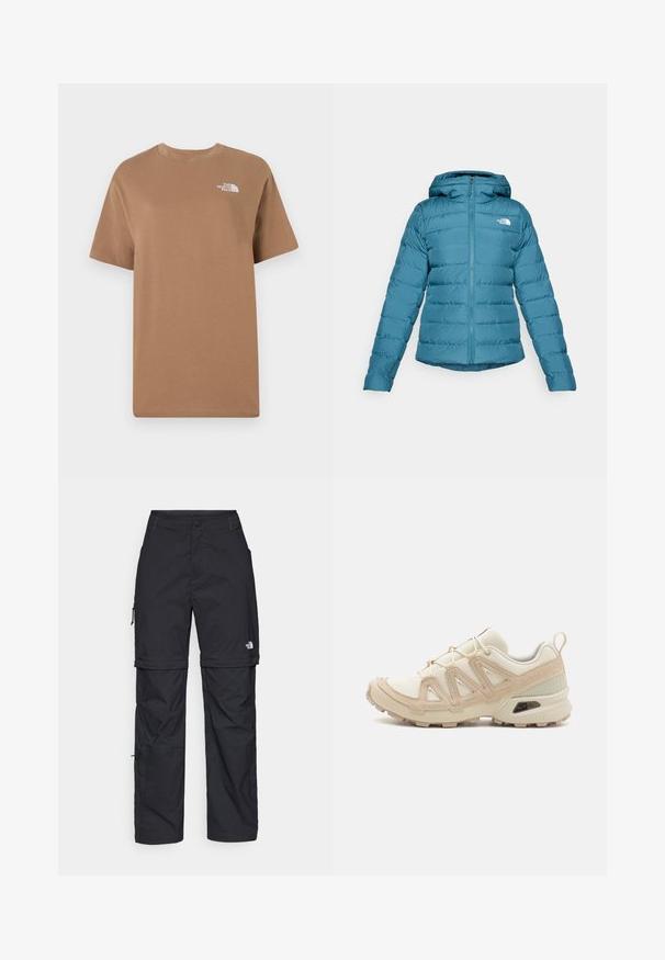 Teal pufferjack met een ritssluiting aan de voorkant en een capuchon, voorzien van doorstikking en een logo op de linkerkant van de borst. Soepele textuur en lichtgewicht ontwerp.; Bruine katoenen T-shirt met korte mouwen en een ronde hals. Beschikt over een klein wit logo op het bovenste linker borstgebied.; Zwarte nylon cargo broek met afneembare pijpen, verstelbare manchetten, meerdere zakken en een logo op het rechterbeen. Gladde, lichte textuur.; Beige en crème sportschoen met een textuur-mesh bovenwerk, ondersteunende overlays en een rubberen zool met een profielpatroon voor grip.