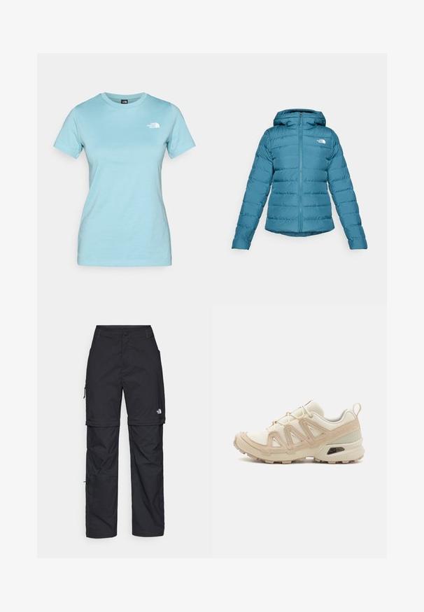 Tūlītēta zaļa pūkaina jaka ar rāvējslēdzēju priekšā un kapuci, ar kvadrātveida detaļām un zīmolu kreisajā krūtī. Gluda tekstūra un viegla konstrukcija.; Gaiši zils kokvilnas T-krekls ar īsām piedurknēm un apļa kakla izgriezumu; priekšā kreisajā krūtīs ir neliels balts logo.; Melni nailona bikses ar noņemamām kājām, regulējamiem uzmavām, vairākām kabatām un logotipu uz labās kājas. Gluda, viegla tekstūra.; Beige un krēma sporta apavi ar strukturētu tīkla virsmu, atbalstošajiem slāņiem un gumijas zoli ar protektoru rakstu, kas nodrošina saķeri.