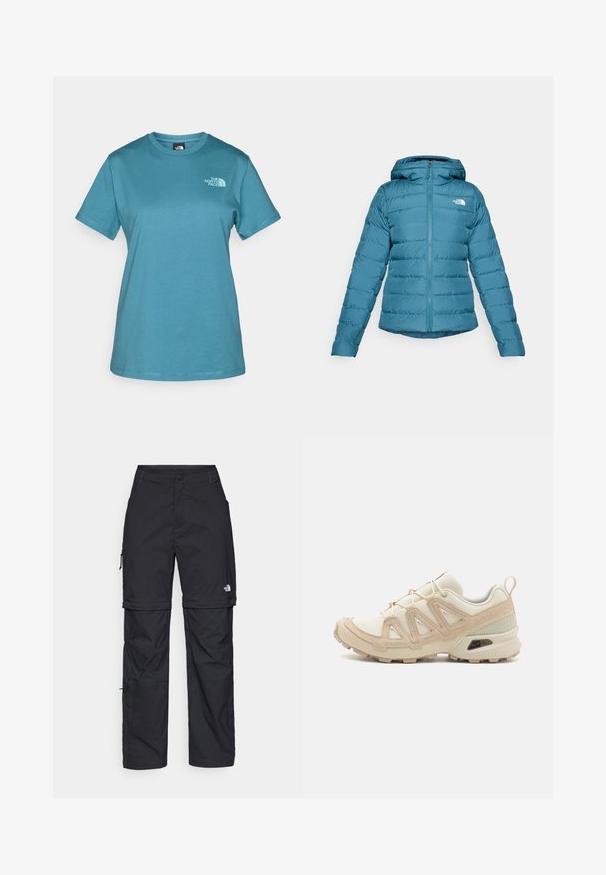 Zelena puhovka z zadrgo spredaj in kapuco, ki vsebuje prešite podrobnosti ter logo na levem prsnem delu. Gladka tekstura in lahka zasnova.; Teal kratka majica s kratkimi rokavi, narejena iz bombaža, z okroglim izrezom in majhnim logotipom natisnjenim v beli barvi na levi strani prsi.; Črne najlon hlače z zipom, ki se lahko odstranijo, s prilagodljivimi manšetami, več žepi in logotipom na desni nogi. Gladka, lahka tekstura.; Bež in krem športni čevlji z teksturiranim mrežastim zgornjim delom, podpornimi prekrivali in gumijastim podplatom z vzorcem za oprijem.