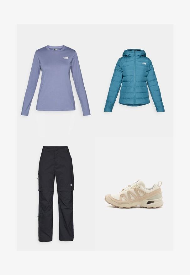 Teal puffer jacket with a zip front and hood, featuring quilted detailing and a logo on the left chest. Smooth texture and lightweight design.; Long-sleeve shirt in light purple fabric, featuring a crew neck and The North Face logo in white on the left chest. Smooth texture, casual fit.; Black nylon zip-off cargo trousers with adjustable cuffs, multiple pockets, and a logo on the right leg. Smooth, lightweight texture.; Beige and cream athletic shoe with textured mesh upper, supportive overlays, and rubber outsole featuring a tread pattern for traction.