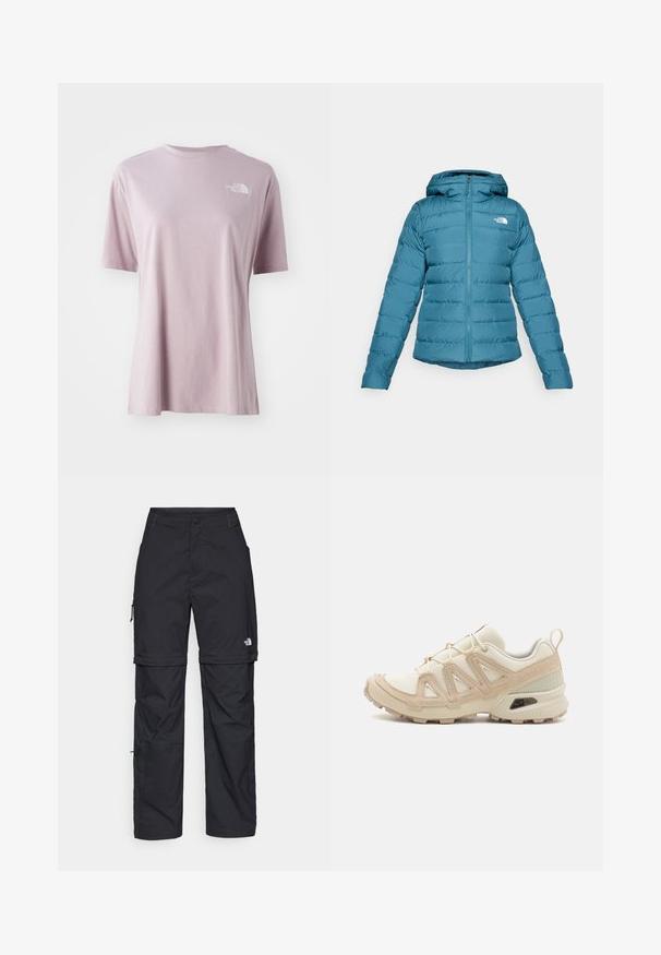 Teal puffer jacket with a zip front and hood, featuring quilted detailing and a logo on the left chest. Smooth texture and lightweight design.; Light purple short-sleeve t-shirt made of soft fabric, featuring a white logo on the upper left chest and a relaxed fit design.; Black nylon zip-off cargo trousers with adjustable cuffs, multiple pockets, and a logo on the right leg. Smooth, lightweight texture.; Beige and cream athletic shoe with textured mesh upper, supportive overlays, and rubber outsole featuring a tread pattern for traction.