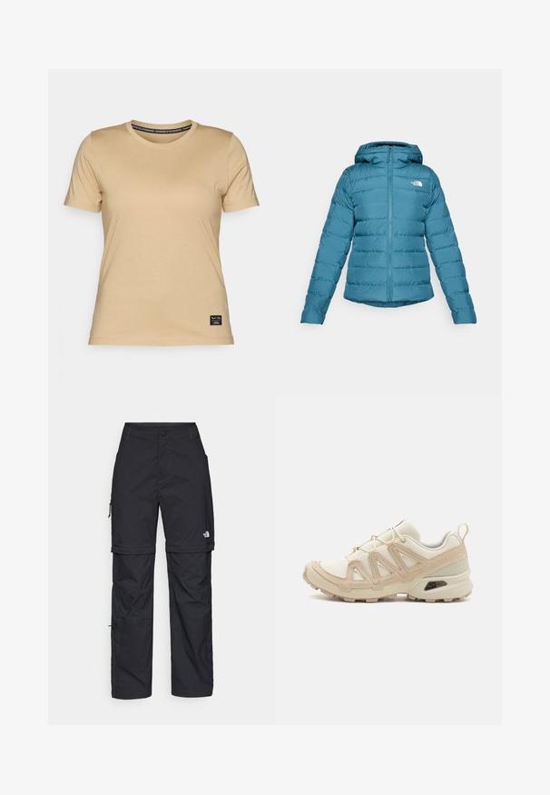 Teal puffer jacket with a zip front and hood, featuring quilted detailing and a logo on the left chest. Smooth texture and lightweight design.; Salewa EAGLE LOGO PATCH - Basic T-shirt - quicksand; Black nylon zip-off cargo trousers with adjustable cuffs, multiple pockets, and a logo on the right leg. Smooth, lightweight texture.; Beige and cream athletic shoe with textured mesh upper, supportive overlays, and rubber outsole featuring a tread pattern for traction.