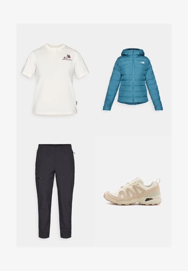 Türkiser Pufferjacke mit Reißverschluss und Kapuze, ausgestattet mit quiltierten Details und einem Logo auf der linken Brust. Glatte Textur und leichtes Design.; Jack Wolfskin CADENA - T-Shirt print - white; Jack Wolfskin PRELIGHT TRAIL - Outdoor-Hose - black; Beige und cremefarbenen Sportschuh mit strukturiertem Mesh-Obermaterial, unterstützenden Überzügen und Gummisohle mit einem Profilmuster für Bodenhaftung.