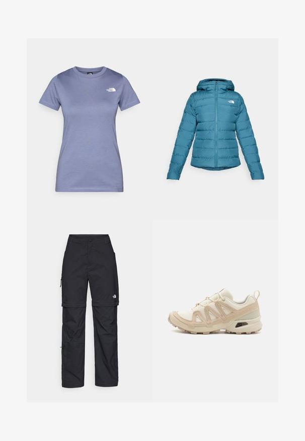 Teal värvusega puhvjakas, millel on trukkide ees ja kapuuts, dekoratiivne quiltitud detail ning logo vasakul rinnal. Üksikasjades sujuv tekstuur ja kerge disain.; Heledalt lavendli lühikeste varrukatega t-särk, mis on valmistatud puuvillast, ümarat kaelust ja rinnal väike valge logo. Sile tekstuur.; Mustad nailonist valmistatud eemaldatavad cargo-püksid, reguleeritavate pahkluudega, mitmete taskutega ja paremal jalal logoga. Sile, kerge tekstuur.; Beež ja koobalti spordijalats tekstureeritud võrkkattega, toetavad ülemised kihid ja kummist tallaga, millel on mustriga joonistus haardeks.