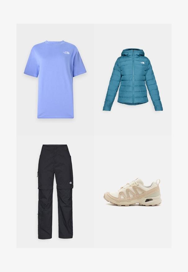 Tyrkysová páperová bunda so zipsom a kapucňou, s prešívanými detailmi a logom na ľavej strane hrudníka. Hladká textúra a ľahký dizajn.; Svetlomodré tričko s krátkym rukávom vyrobené z bavlny, s okrúhlym výstrihom a malým bielym logom na hornej ľavej strane hrude.; Čierne nylonové cargo nohavice s odnímateľnými nohavicami, nastaviteľnými manžetami, viacerými vreckami a logom na pravej nohe. Hladká, ľahká textúra.; Beige a krémová športová obuv s textúrovaným sieťovým zvrškom, podporujúcimi prekrytiami a gumovou podrážkou s dezénom pre trakciu.