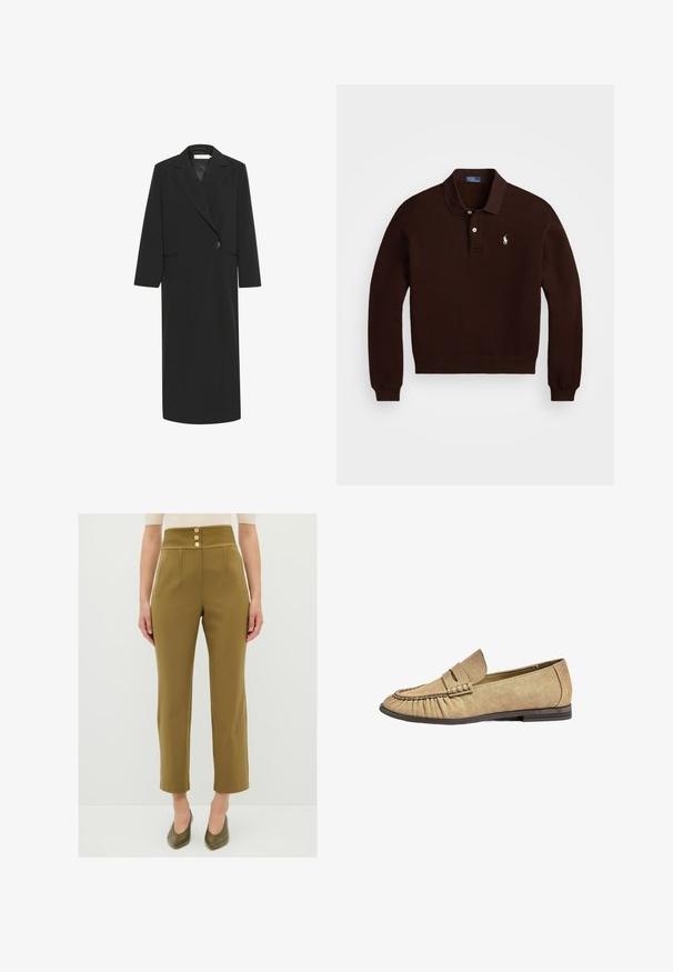 Zwarte lange blazer van gladde stof, met een reverskraag, één knoopsluiting en twee zijzakken. Rechte mouwen en zoom.; Bruine pullover truien met een polokraag, lange mouwen en een placket met twee knopen. Kenmerkt zich door een klein wit paardenlogo aan de linkerkant.; Khaki hoge taille broek met een smock tailleband, drie decoratieve gouden knopen en twee zijzakken, getailleerde pasvorm en cropped lengte.; Beige textiel loafers met een ronde neus, geplooide details en een platte rubberen zool. Heeft een verhoogde band over de voorkant.