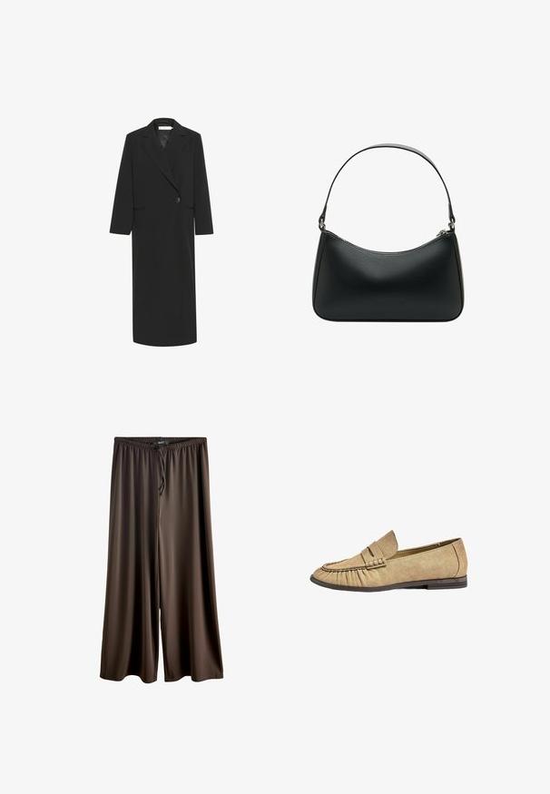 Black long blazer made of smooth fabric, featuring a lapel collar, single button closure, and two side pockets. Straight-cut sleeves and hem.; Brown pullover sweater with a polo collar, long sleeves, and two-button placket. Features a small white horse logo on the left side.; Brown wide-leg trousers made of smooth, lightweight fabric. Features an elastic waistband with a drawstring for adjustable fit.; Beige textile loafers with a rounded toe, pleated detailing, and a flat rubber sole. Features a raised strap across the vamp.; Black leather shoulder bag with a curved shape, single flat strap, and a top zipper closure. Smooth texture with minimal hardware details.