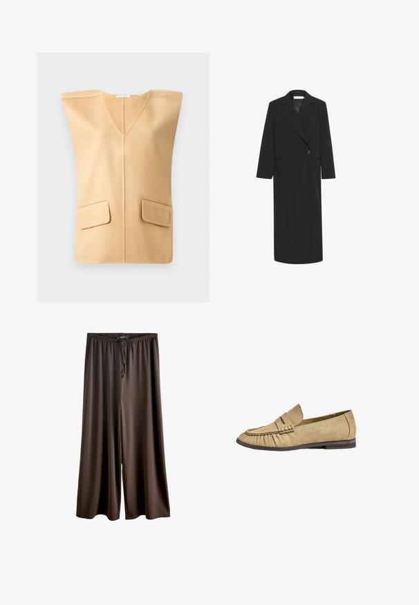 Fekete, hosszú blézer sima anyagból, hajtókás gallérral, egy gombos záródással és két oldalsó zsebbel. Egyenes szabású ujjakkal és szegéllyel.; Beige ujjatlan mellény V nyakkal, amely két elülső zsebből áll, puha textúrával rendelkezik, és minimális varrásokkal készült a modern megjelenés érdekében.; Barna, bő szárú nadrág sima, könnyű szövetből. Rugalmas derékpántja van, amely húzózsinórral állítható.; Beige textil loaferek lekerekített orral, redőzött részletekkel és lapos gumitalppal. Kiemelkedő pánt található a lábujjak felett.
