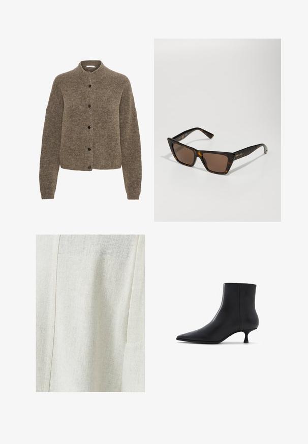 Hnědý semišový plášť do deště s dvojitým zapínáním, velkými knoflíky, ramenními vycpávkami a širokými rukávy, vrstvený přes šedý pletený svetr.; Hnědý svetr vyrobený z měkkého materiálu, který má kulatý výstřih, dlouhé rukávy a černé knoflíky po celé přední části.; Bílá bavlněná tričko s krátkým rukávem a kulatým výstřihem. Má uvolněný střih a minimalistický design bez vzorů nebo akcentů.; Jasně béžová lněná tkanina s texturovaným vzorem, s detailem švu a kapsou po straně. Hladký povrch s jemným tkaním.; ALDO EMMALIE - Kotníkové boty - black; Sluneční brýle v želvovinovém dekoru s geometrickým designem kočičích očí a hnědými tónovanými skly. Mají zlaté akcenty a hladký plastový povrch.; DRAGON DIFFUSION ROSANNA - Kabelka - dark brown; Zlaté náušnice ve tvaru uzlů s vířivým designem, které mají hladký, lesklý povrch a zaoblený tvar.