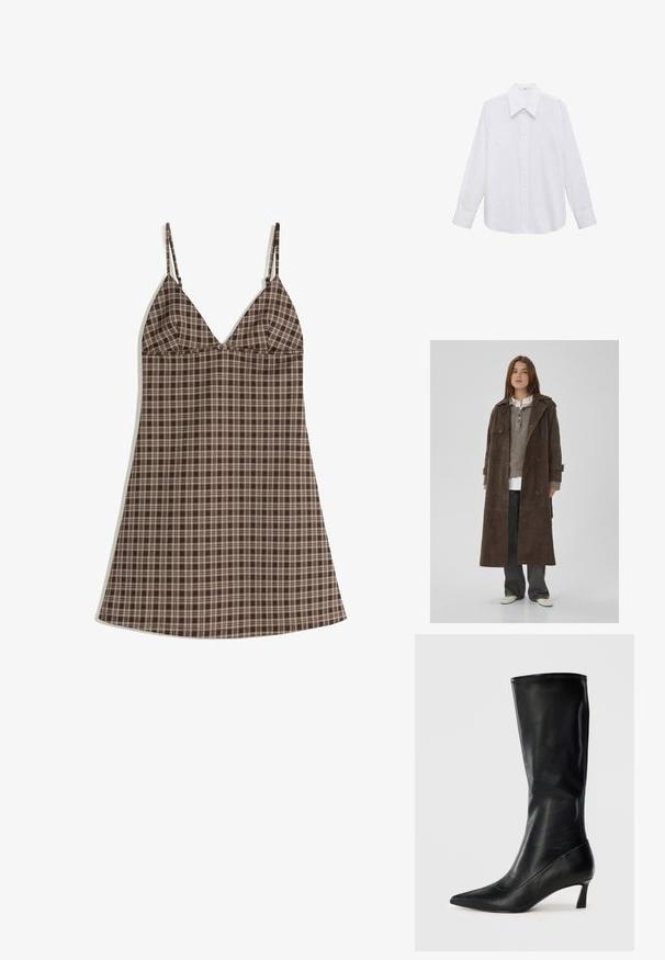 Trench coat dublu din suede maro, cu nasturi mari, epoleti de umăr și mâneci largi, purtat peste un pulover tricotat gri.; Rochie în carouri maronii și bej, cu bretele subțiri, având un decolteu în V și o croială lejeră. Confecționată dintr-un material ușor, cu o textură netedă.; Cămașă albă cu mâneci lungi, cu guler larg, având o textură fină și închidere cu butoane pe față.; Cizmă înaltă din piele neagră, cu vârf ascuțit și un toc modest. Textură netedă și design elegant, cu detalii de coasere subtile.; Geantă de umăr triangulară din piele neagră, cu o singură curea de umăr ajustabilă și o structură moale, ușor lăsată.