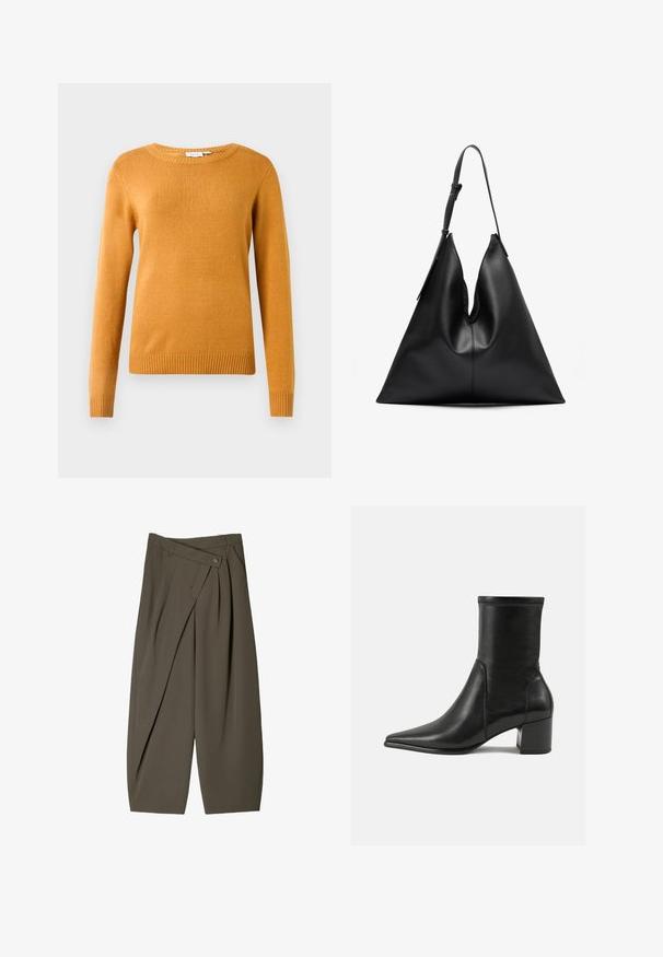 Barna velúr dupla gombos trencskabát nagy gombokkal, vállvédőkkel és bő ujjú, egy szürke kötött pulóver fölé rétegezve.; Mustár sárga pulóver, puha kötött anyag, kerek nyakkivágás, hosszú ujjak, bordás alj és mandzsetta, könnyű dizájn, minta vagy díszítés nélkül.; Széles szabású sötét olívazöld nadrág, pleated elülső kialakítással, gombos záródással és fényes, texturált felülettel.; Fekete, sima bőrből készült bokacsizma, hegyes orral, tömbsarkal, és a felső szélen megkülönböztető kiemelt varrással.; Fekete bőr, háromszög alakú kézi táska egyetlen állítható vállpánttal, puha, enyhén leomló szerkezettel.