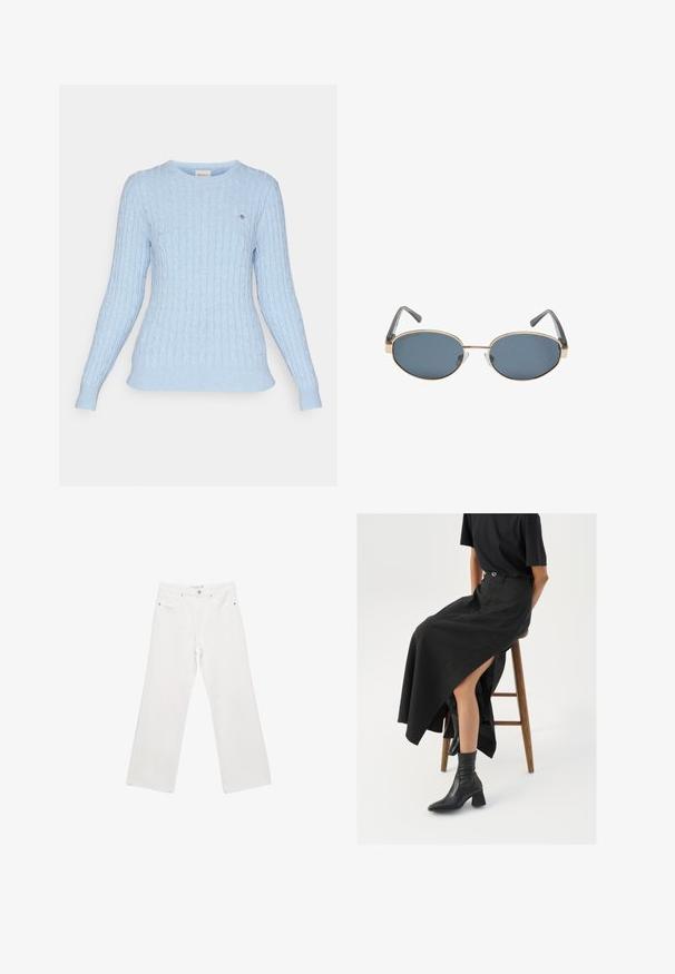 Brauner Wildleder, doppelt geknöpfter Trenchcoat mit großen Knöpfen, Schulterriemchen und weiten Ärmeln, über einem grauen Strickpullover getragen.; GANT CABLE C NECK - Strickpullover - dove blue; Weiße Denim-Hose mit weitem Beinschnitt, ausgestattet mit einem klassischen Fünf-Taschen-Design, Metallbeschlägen und Kontrastnähten. Glatte Textur und lockere Passform.; Schwarzer Leinen-Maxi-Rock mit hohem Schlitz, getragen mit einem schwarzen T-Shirt und schwarzen Knöchelstiefeln. Minimalistisches Design mit lockerer Passform.; Eckige Sonnenbrille mit dunklen Gläsern, goldenen Metallrahmen und grauen Bügeln. Die Rahmen zeichnen sich durch ein minimalistisches Design mit einem dezenten Brückenakzent aus.