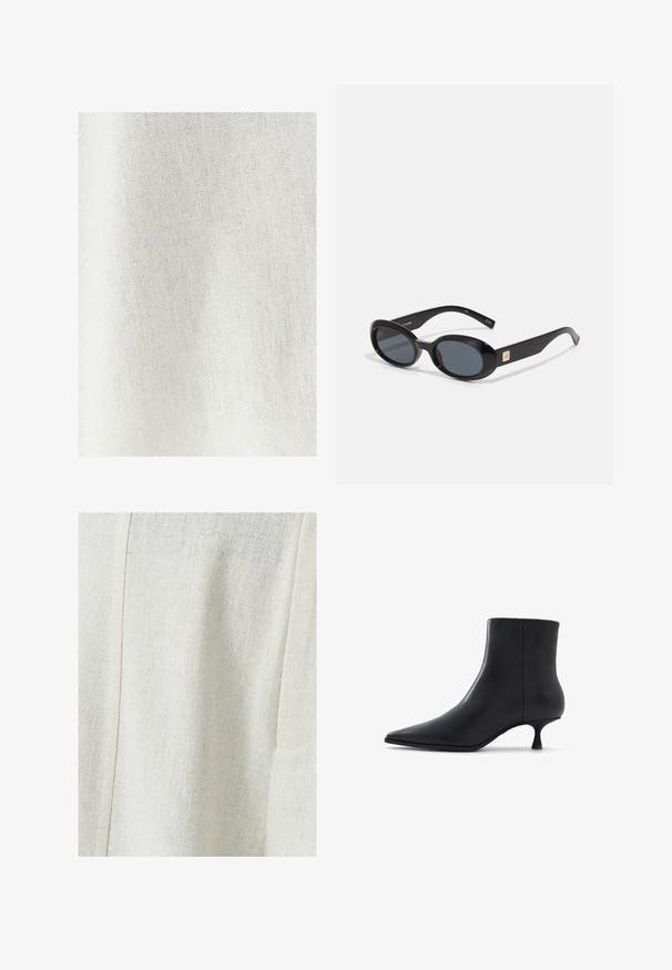 Brauner Wildleder, doppelt geknöpfter Trenchcoat mit großen Knöpfen, Schulterriemchen und weiten Ärmeln, über einem grauen Strickpullover getragen.; Weißer Stoff mit einer feinen, strukturierten Webart, der eine helle, natürliche Farbe mit subtilen Variationen und einem sanften, zarten Erscheinungsbild zeigt.; Helles beige Leinengewebe mit einem strukturierten Muster, das eine Nahtdetail und eine Seitentasche aufweist. Glatte Oberfläche mit feiner Webart.; ALDO EMMALIE - Stiefelette - black; Schwarze ovale Sonnenbrillen mit dunklen Gläsern, glänzendem Kunststoffrahmen, breiten Bügeln und einem kleinen goldenen Akzent auf einer Seite.; DRAGON DIFFUSION ROSANNA - Handtasche - dark brown; Goldene Knotenohrstecker mit spiralförmigem Design, das eine glatte, glänzende Textur und eine abgerundete Form aufweist.