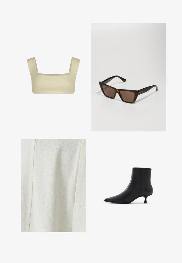 Bruin suede double-breasted trenchcoat met grote knopen, schouderepauletten en wijde mouwen, gelaagd over een grijze gebreide trui.; Crème-kleurige beha met een gestructureerd, geweven patroon. Vierkante halslijn en brede bandjes zorgen voor een gestructureerd ontwerp. Soepele binnenvoering.; Lichtbeige linnen stof met een textuurpatroon, voorzien van een stikseldetail en een zijzak. Gladde afwerking met een subtiele weef. ; ALDO EMMALIE - Lage laarzen - black; Schildpad zonnebril met een geometrisch cat-eye ontwerp en bruin getinte lenzen. Bevat gouden hardware accenten en een soepele kunststof textuur.; DRAGON DIFFUSION ROSANNA - Handtas - dark brown; Gouden knoopstuds met een spiralen ontwerp, met een gladde, glanzende textuur en ronde vorm.