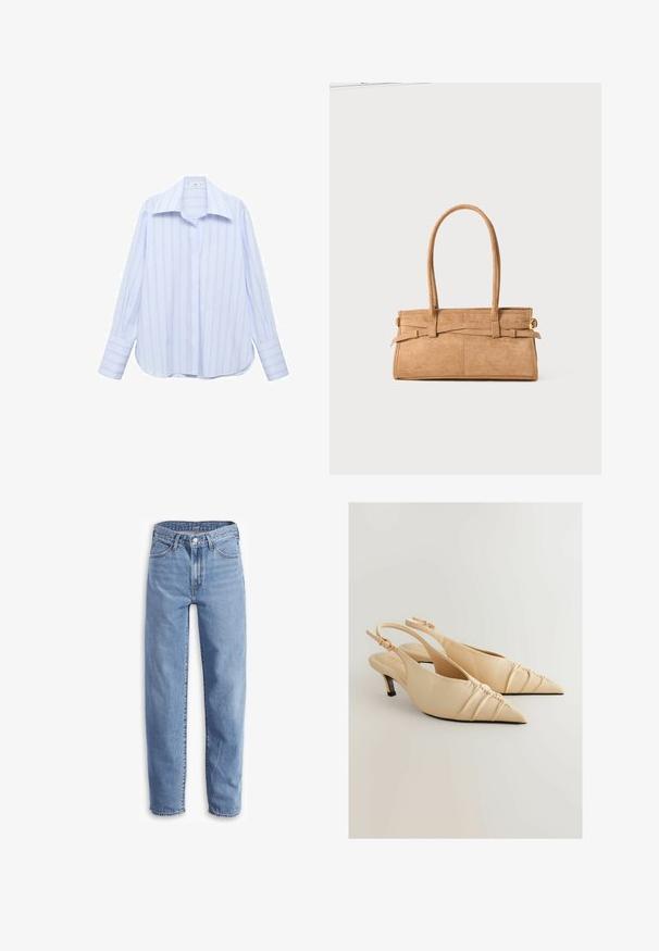 Trench coat dublu din suede maro, cu nasturi mari, epoleti de umăr și mâneci largi, purtat peste un pulover tricotat gri.; Camsă cu mânecă lungă de culoare albastru deschis, cu dungi verticale albe, guler ascuțit și închidere cu nasturi. Prezintă o croială lejeră și mâneci cu manșete.; Jeans de culoare albastru deschis, din denim, cu o croială lejeră, picior drept, design cu cinci buzunare și margini desfăcute pentru un aspect casual.; Sandale cu toc slingback din piele bej, cu vârf ascuțit și detalii cu textură strânsă. Dispune de un toc mic și o curea pentru gleznă ajustabilă.; Geantă din suede de culoare bej, cu două mânere lungi, formă rectangulară și cusături decorative. Dispune de o curea laterală și detalii subtile din aur.