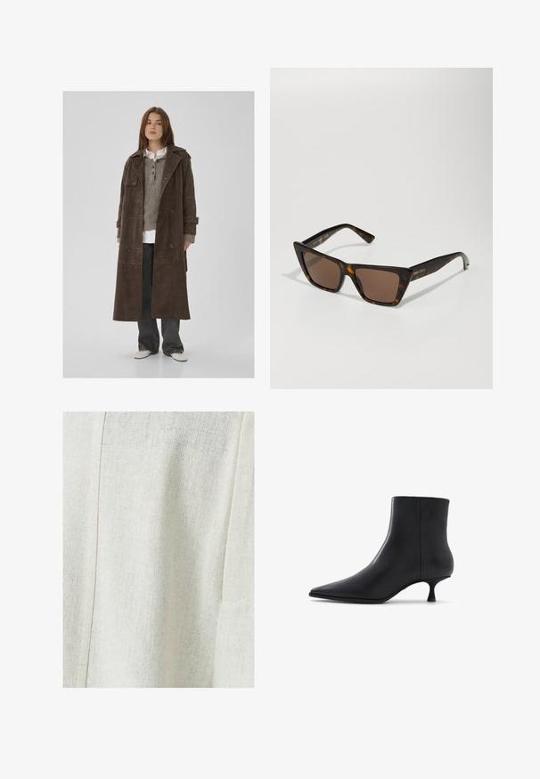 Brown suede double-breasted trench coat with large buttons, shoulder epaulets, and wide sleeves, layered over a gray knit sweater.; White short-sleeve t-shirt made from soft fabric, featuring a crew neckline and rolled cuffs, with a tag visible at the back.; Light beige linen fabric with a textured pattern, featuring a seam detail and a side pocket. Smooth finish with a subtle weave.; ALDO EMMALIE - Classic ankle boots - black; Tortoiseshell sunglasses with a geometric cat-eye design and brown tinted lenses. Features gold hardware accents and smooth plastic texture.; DRAGON DIFFUSION ROSANNA - Handbag - dark brown; Gold knot stud earrings with a spiraled design, featuring a smooth, shiny texture and rounded shape.