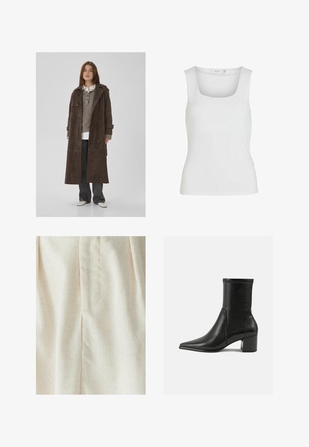 Brun ruskinds dobbeltknappet trench coat med store knapper, skulderklapper og brede ærmer, lagdelt over en grå striktrøje.; Hvid ærmeløs tanktop med firkantet udskæring, glat tekstur og tætsiddende design. Fremstillet af letvægtsmateriale.; WILLA MIMIE MIDI - Pliceret nederdel /Nederdele med folder - natural; Sorte ankelstøvler lavet af glat læder, med spids tå, en blokhæl og markant hævet syning ved den øverste kant.