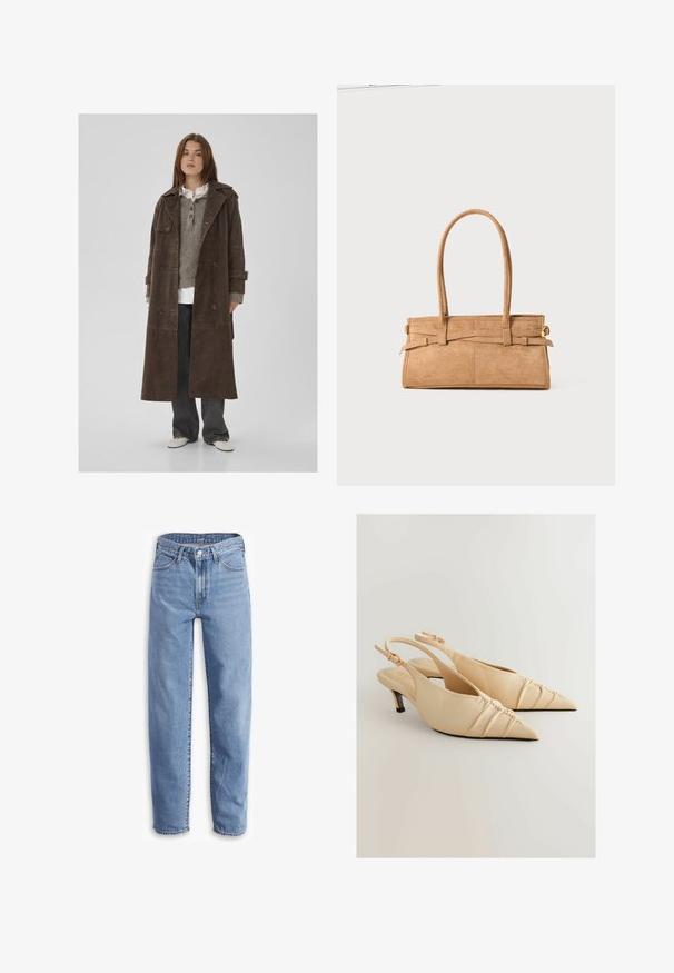 Trench coat dublu din suede maro, cu nasturi mari, epoleti de umăr și mâneci largi, purtat peste un pulover tricotat gri.; Top brown, cu un umăr, confecționat dintr-un material moale, având un design drapat, cu gathered pe lateral și o curea lungă care se extinde de la umăr.; Jeans de culoare albastru deschis, din denim, cu o croială lejeră, picior drept, design cu cinci buzunare și margini desfăcute pentru un aspect casual.; Sandale cu toc slingback din piele bej, cu vârf ascuțit și detalii cu textură strânsă. Dispune de un toc mic și o curea pentru gleznă ajustabilă.; Geantă din suede de culoare bej, cu două mânere lungi, formă rectangulară și cusături decorative. Dispune de o curea laterală și detalii subtile din aur.