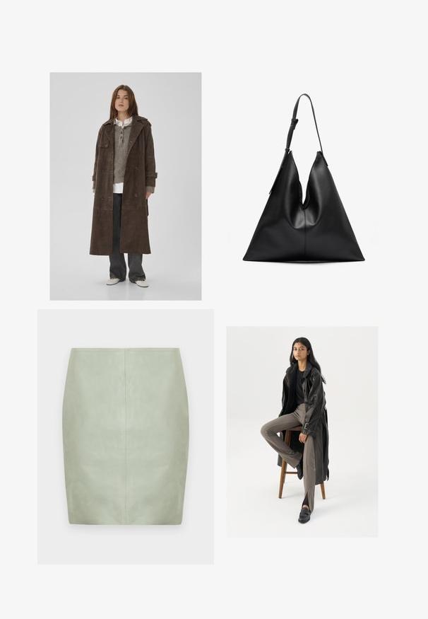 Brun ruskinds dobbeltknappet trench coat med store knapper, skulderklapper og brede ærmer, lagdelt over en grå striktrøje.; Hvid kortærmet t-shirt lavet af bomuld; har en afslappet pasform, rund halsudskæring, og ingen synlige mønstre eller accenter.; Mintgrøn mini nederdel i læder med tæt pasform, der har et enkelt design og en central søm bagpå. Glat tekstur uden synligt hardware.; Sort læder trench coat med knapper og bælte detalje, parret med lysebrune tætsiddende bukser og sorte loafers, siddende på en træstol.; Sort læder trekantet håndtaske med en enkelt justerbar skulderrem og en blød, let slappet struktur.