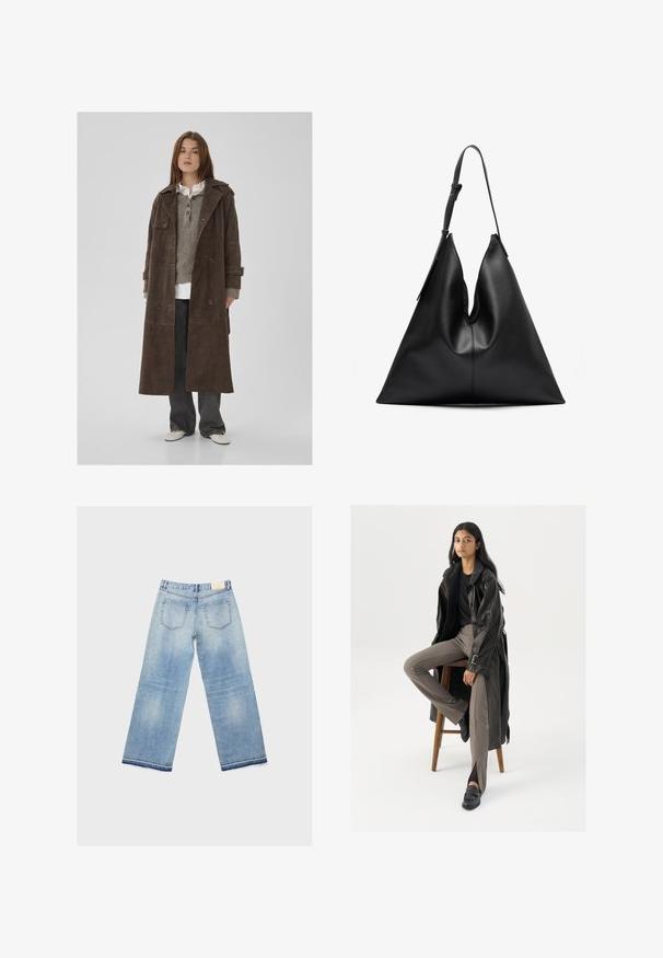 Cappotto trench doppiopetto in suede marrone con grandi bottoni, epaulettes sulle spalle e maniche larghe, indossato su un maglione di maglia grigia.; T-shirt bianca a maniche corte realizzata in cotone; presenta una vestibilità rilassata, scollatura rotonda e nessun motivo o accento visibile.; Jeans a gamba larga blu chiaro con un design sbiadito, dotati di due tasche posteriori e un orlo cucito. Realizzati in denim.; Cappotto lungo in pelle nera con dettagli di bottoni e cintura, abbinato a pantaloni aderenti marrone chiaro e mocassini neri, seduto su uno sgabello di legno.; Borsa triangolare in pelle nera con una sola tracolla regolabile e una struttura morbida, leggermente abbondante.