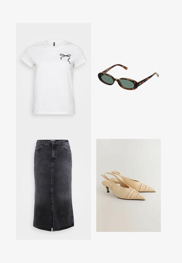 Rudas suedinio dvigubo užsegimo tranšėjaus paltas su dideliais mygtukais, pečių epauletais ir plačiomis rankovėmis, dėvimas ant pilkos megztos megztinės.; Balta trumpa rankovėmis marškinėliai su juodu kaspinėliu kairėje krūtinės pusėje, ant vientiso fono.; ONLY Carmakoma CARCILLA LONG SLIT SKIRT - Maksi sijonas - washed black; Bežinės odinės šlepetės su aštriu priekiniu gale ir surinktos tekstūros detale. Turi žemą kulną ir reguliuojamą kulkšnies dirželį.; Žvyneliai akiniai su ovaliais rėmeliais ir žaliais objektyvais. Siūlo plonas šakes su metaliniu akcentu prie vyrų.; Žalias suedinių rankinukas su dviem ilgais rankenomis, stačiakampio formos ir dekoratyviniu siuvimu. Jame yra šoninė dirželis ir subtili auksinė hardware akcentai.; Sidabriniai metaliniai Auskarai su banginiu, skulptūriniu dizainu, pasižymintys poliruotu paviršiumi ir nereguliariomis formomis, išryškinančiomis šiuolaikišką estetiką.