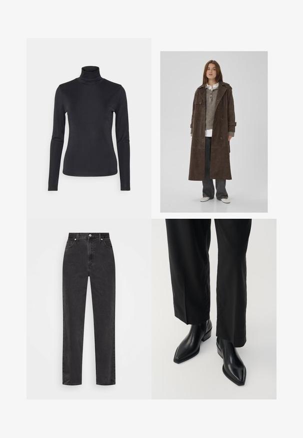 Rudas suedinio dvigubo užsegimo tranšėjaus paltas su dideliais mygtukais, pečių epauletais ir plačiomis rankovėmis, dėvimas ant pilkos megztos megztinės.; Juodas ilgomis rankovėmis turtleneko tipo viršus, pagamintas iš lygaus ir tamprės audinio. Turi prigludusią siluetą ir aukštą apykaklę. Minimalistinio stiliaus, be matomų raštų.; Tiesios kojų juodos džinsinės kelnės su aukštu juosmeniu, priekyje esančia užtrauktuku ir mygtuku, bei penkių kišenių stiliumi ant balto fono.; Juodi odiniai kulkšniniai batai su smailiu nosiu, lygiu paviršiumi ir kvadratiniu kulnu. Derinami su juodomis plačiomis kelnėmis, kurių siluetas yra elegantiškas.