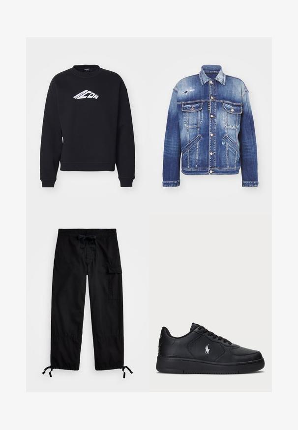Veste en denim dans différentes nuances de bleu avec une forme structurée, des détails déchirés, une fermeture à boutons, quatre poches et un col classique.; Sweatshirt noir avec col rond, manches longues et poignets côtelés. Présente un graphique textuel imprimé en blanc sur le devant et un design décontracté.; Pantalons cargo noirs avec taille élastique et cordon de serrage. Comprend des poches latérales et des poignets ajustables avec arrêts. Fabriqué en tissu léger.; Baskets en cuir noir avec un design perforé, fermeture à lacets plate et logo brodé blanc sur le côté. Semelle en caoutchouc noire épaisse.