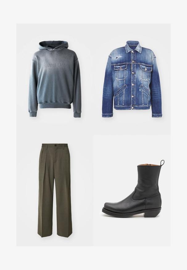 Denim jacket in various shades of blue with a structured shape, distressing details, button closure, four pockets, and classic collar.; Gray hoodie in a soft fabric, featuring a kangaroo pocket, ribbed cuffs and hem, with "HELMUT LANG" embossed on the front.; Filippa K WIDE TROUSERS - Trousers - driftwood; Black leather ankle boot with a smooth texture, slim profile, side stitching, and a low square heel. Features a pull tab at the back.