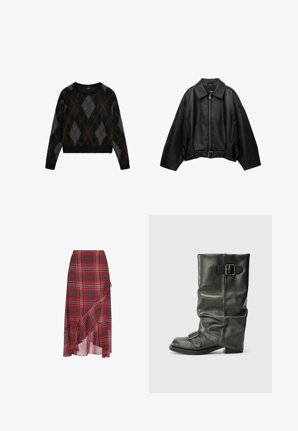 Zwarte lederen jas met een brede kraag, ritssluiting, zijzakken en een tailleband met riem. Heeft een losse pasvorm en een gestructureerd materiaal.; Zwarte en grijze argyle-patroon trui, gemaakt van zacht materiaal, met een ronde hals en een cropped pasvorm, die een fuzzy textuur laat zien.; Rode geruite rok van lichtgewicht stof, met een ruffled zoom en een asymmetrisch ontwerp. Bevat tinten grijs en wit in het patroon.; Zwarte faux leren enkellaars met een slordige schacht, een chunky hak en twee metalen gespen aan de zijkant voor detail.