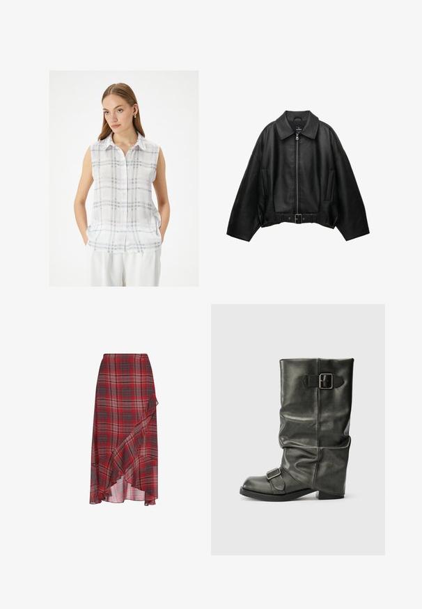 Schwarze Lederjacke mit weitem Kragen, Reißverschluss, Seitentaschen und tailliertem Gürtel. Verfügt über eine lockere Passform und eine strukturierte Oberfläche.; Ärmellose, knöpfbare Bluse in Weiß mit einem karierten Muster in Grau und Lavendel; leichtes Material mit Kragen und Seitentaschen.; Roter karierter Rock aus leichtem Stoff, mit einem rüschenden Saum und asymmetrischem Design. Enthält Grautöne und Weiß im Muster.; Schwarzer Fake-Leder-Ankle-Boot mit einem lässigen Schaft, einem auffälligen Absatz und zwei metallischen Schnallen an der Seite für Details.
