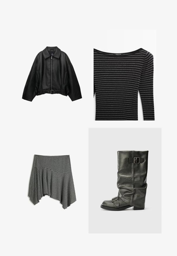 Schwarze Lederjacke mit weitem Kragen, Reißverschluss, Seitentaschen und tailliertem Gürtel. Verfügt über eine lockere Passform und eine strukturierte Oberfläche.; Schwarz- und grau gestreifter Pullover mit gerippter Textur, ausgestattet mit einem weiten Ausschnitt und langen Ärmeln. Marke: Massimo Dutti.; Grau gestreifte Tasche mit asymmetrischem Saum. Aus weichem Stoff gefertigt, mit einem figurbetonten Bund und fließendem Fall.; Schwarzer Fake-Leder-Ankle-Boot mit einem lässigen Schaft, einem auffälligen Absatz und zwei metallischen Schnallen an der Seite für Details.