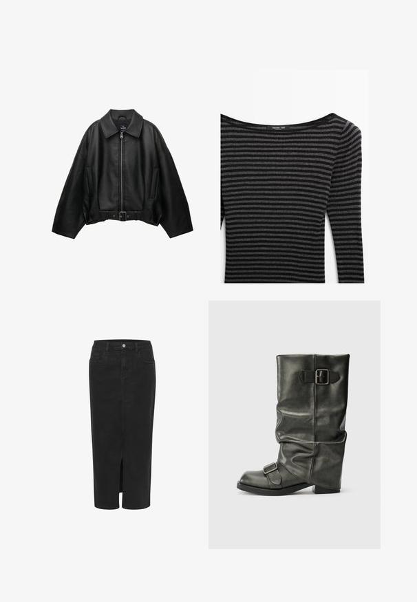 Veste en cuir noire avec un large col, fermeture éclair, poches latérales et taille ceinturée. Caractérisée par une coupe ample et un matériau texturé.; Pull à rayures noir et gris avec une texture côtelée, présentant un large col et des manches longues. Étiquette : Massimo Dutti.; Jupe midi en denim noir avec fente frontale, coupe droite, cinq poches, fermeture à bouton et passants de ceinture. Texture douce et design classique.; Bottine en simili cuir noir avec une tige drapée, un talon épais et deux boucles métalliques sur le côté pour plus de détail.
