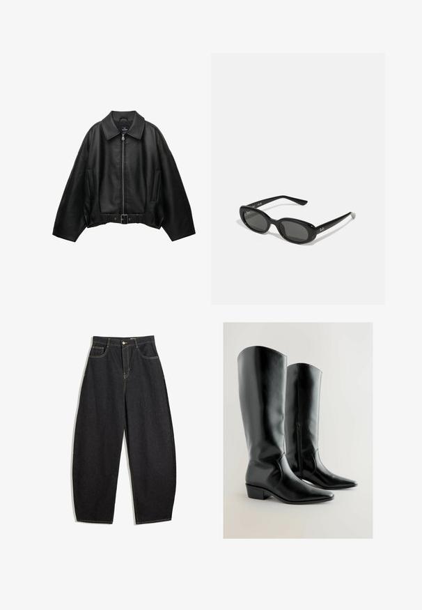 Svart läderjacka med bred krage, dragkedja, sidofickor och skärp i midjan. Har en lös passform och texturerat material.; Ljusgrå långärmad topp med off-shoulder-design och svarta accenter. Har en rundad halsringning med knytdetalj bak. Material i bomullsmix.; Svarta denimbyxor med vida ben och hög midja, med gul sömnad, två framfickor och en knappstängning.; Svarta knähöga stövlar gjorda av glänsande konstläder. Spetsiga tår med låg blockklack och en siddragkedja för enkel påtagning. Slät yta.; Svarta solglasögon med ovala linser, glansigt plastbåge och smala armar. Har Ray-Ban-logotypen i vitt på sidan.; Brun vävd läderhandväska med en slapp, triangulär form. Har ett flätat handtag och en dragkedjestängning längs toppen.