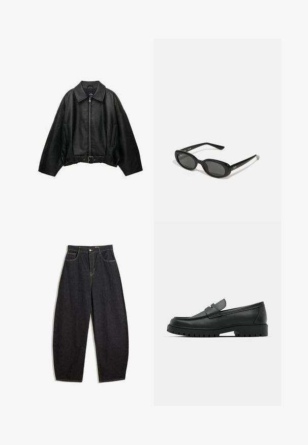 Černá kožená bunda s širokým límcem, zapínáním na zip, bočními kapsami a páskem v pase. Má volný střih a strukturovaný materiál.; Svetle šedý dlouhý rukáv top s odhalenými rameny a černými akcenty. Má kulatý výstřih s detailem uvázání na zadní straně. Materiál z bavlněné směsi.; Černé denimové široké kalhoty s vysokým pasem, zdobené žlutým šitím, se dvěma předními kapsami a jedním zapínáním na knoflík.; Černé kožené mokasíny s kulatou špičkou, zdobené prošitím, s nízkou platformou a texturovanou gumovou podrážkou s drážkováním.; Černé sluneční brýle s oválnými objektivy, lesklý plastový rám a štíhlé nožičky. Na boku se nachází bílé logo Ray-Ban.; Černá kožená kabelka s pletenými držadly, texturovaným povrchem, přední kapsou na zip a dekorativními třásněmi. Kompaktní a strukturovaný tvar.