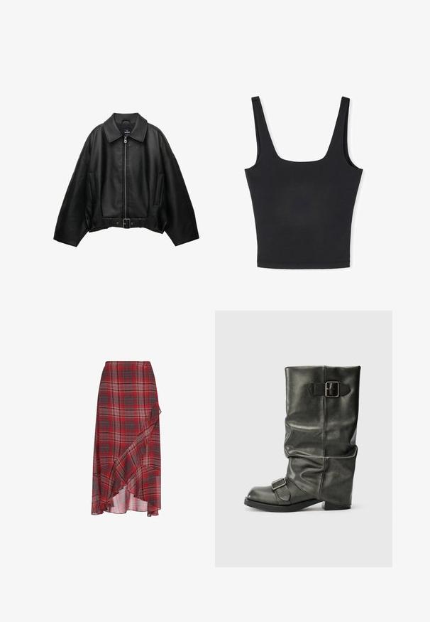Czarna skórzana kurtka z szerokim kołnierzem, zamkiem błyskawicznym, bocznymi kieszeniami i paskiem w talii. Charakteryzuje się luźnym krojem i fakturowanym materiałem.; Czarny top na ramiączkach z szerokimi paskami, kwadratowym dekoltem i dopasowanym krojem. Wykonany z gładkiego materiału z bezszwowym wykończeniem dla czystego efektu.; Czerwona spódnica w kratę, wykonana z lekkiego materiału, z falbaną u dołu i asymetrycznym fasonem. Wzór zawiera odcienie szarości i bieli.; Czarne botki z sztucznej skóry do kostek z luźnym cholewką, masywnym obcasem i dwoma metalowymi klamrami po bokach dla dekoracji.
