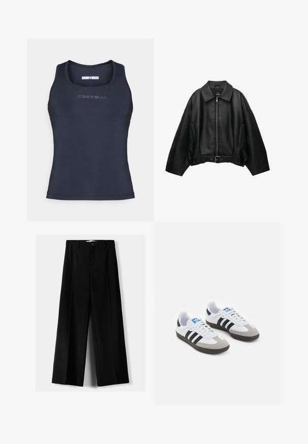 Černá kožená bunda s širokým límcem, zapínáním na zip, bočními kapsami a páskem v pase. Má volný střih a strukturovaný materiál.; Námořnická modrá sportovní tílko vyrobené z hladké, elastické tkaniny. Má zaoblený výstřih a jemné branding na hrudi.; Černé široké kalhoty z lehkého materiálu s předním zapínáním na knoflík a hladkým předním dílem, s pečlivě přišitými lemy.; Sportovní boty s bílým koženým svrškem, šedou semišovou špičkou a třemi černými pruhy. Obsahují modré logo na jazyku a texturovanou gumovou podrážku.